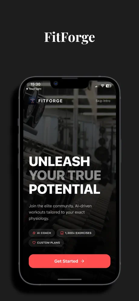 FitForgeX app welcome screen shown on an iPhone